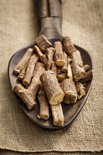 raw licorice root on a spoon